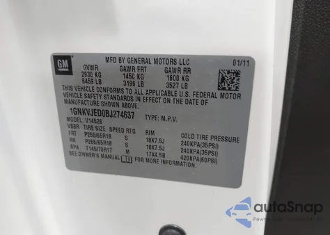 2011 Chevrolet Traverse 2Lt from USA, damaged, VIN 1GNKVJED0BJ274637